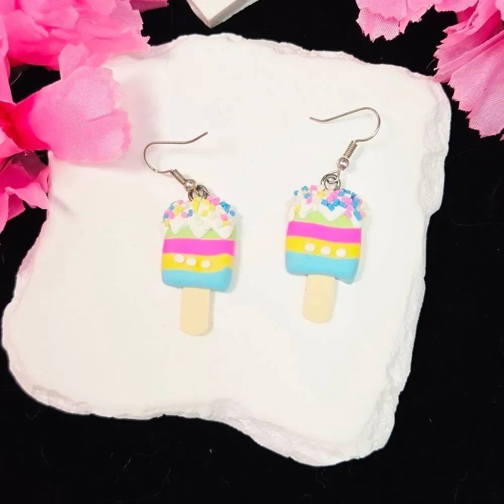 Rainbow Sherbet Ice Cream Popsicle Earrings – Sprinkle Dangles Statement Cute